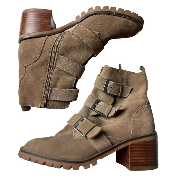 Crown Vintage Asisa Tan Suede Leather Triple Buckle Moto Boots Size 8.5 Women’s - Picture 3 of 8